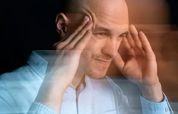Man met zijn handen tegen zijn slapen, beeld van mentale belasting